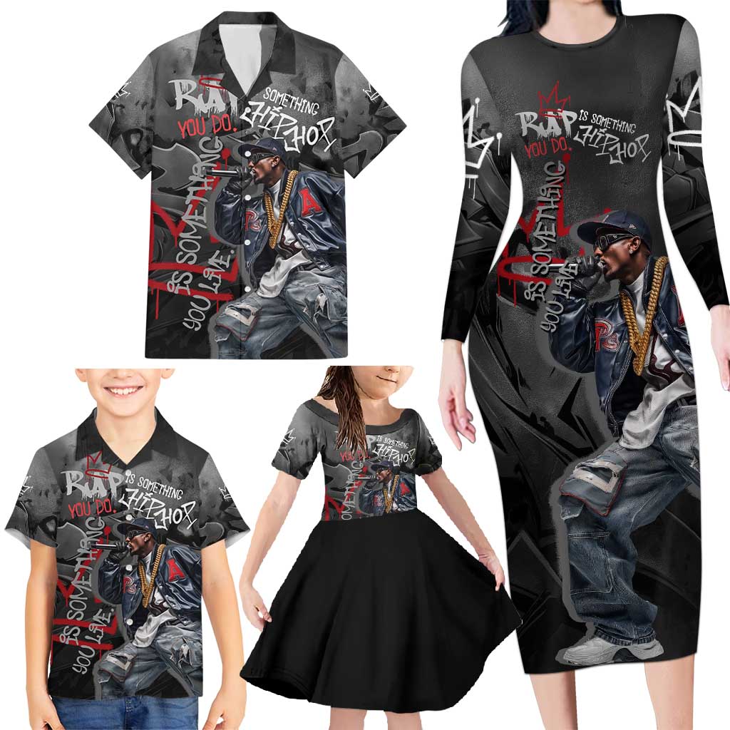 Rap Star Streetwear Family Matching Long Sleeve Bodycon Dress and Hawaiian Shirt with Graffiti Lettering and Hip Hop - Wonder Print Shop
