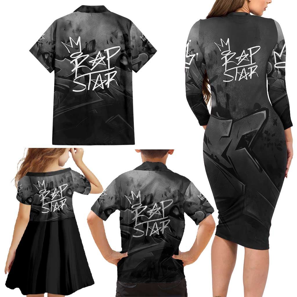 Rap Star Streetwear Family Matching Long Sleeve Bodycon Dress and Hawaiian Shirt with Graffiti Lettering and Hip Hop - Wonder Print Shop