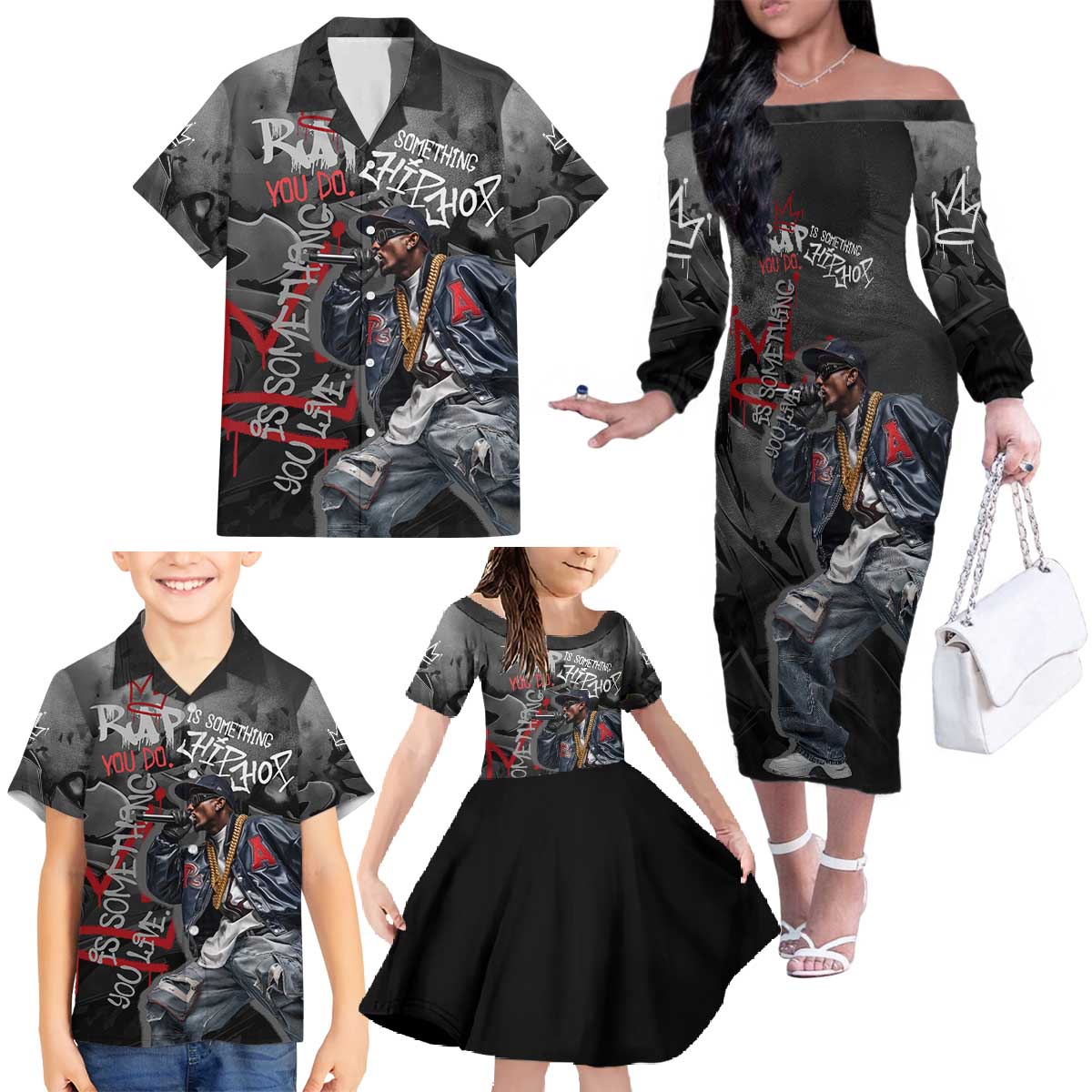 Rap Star Streetwear Family Matching Off The Shoulder Long Sleeve Dress and Hawaiian Shirt with Graffiti Lettering and Hip Hop - Wonder Print Shop