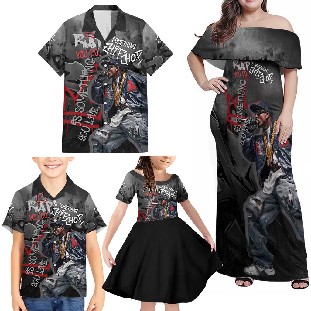 Rap Star Streetwear Family Matching Off Shoulder Maxi Dress and Hawaiian Shirt with Graffiti Lettering and Hip Hop - Wonder Print Shop