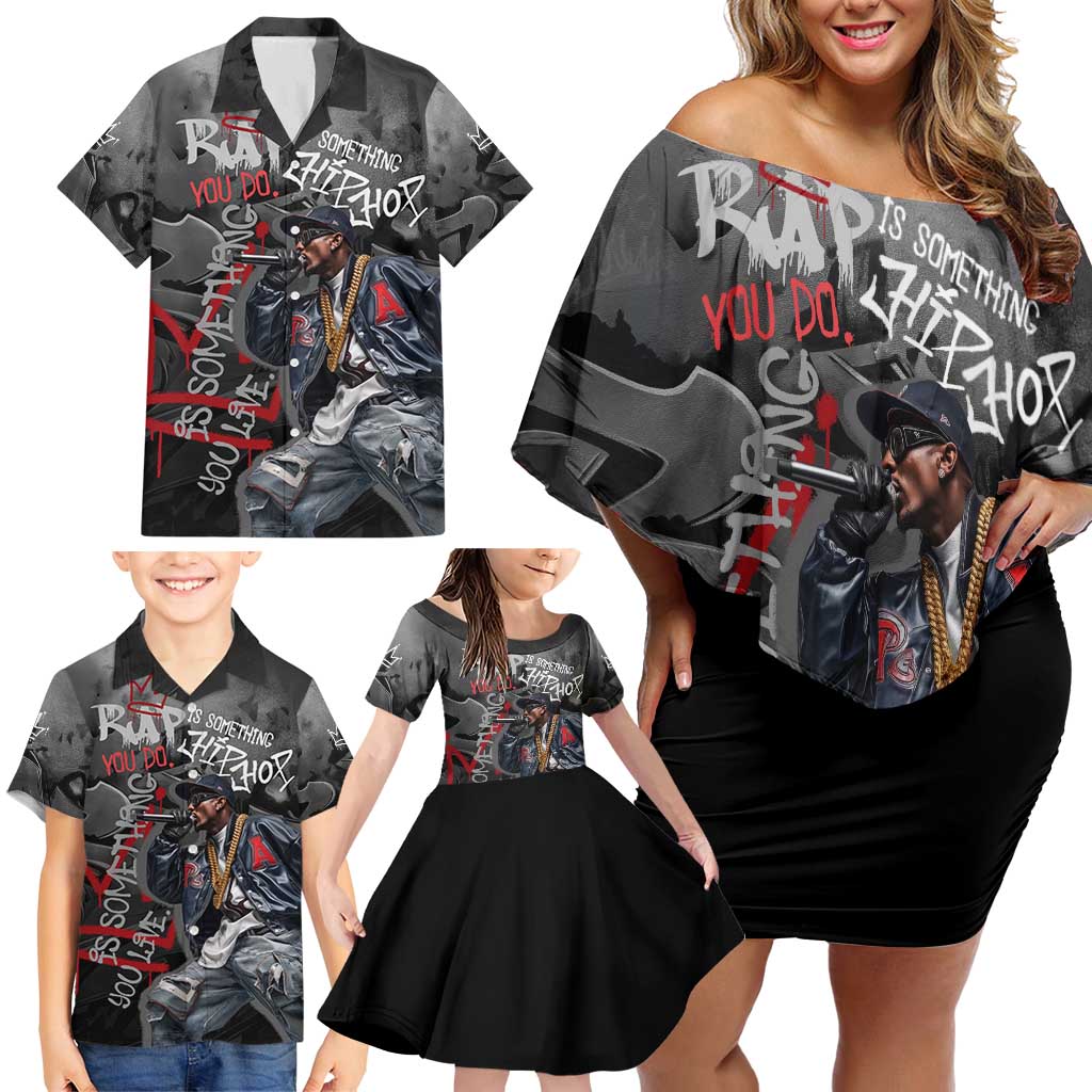 Rap Star Streetwear Family Matching Off Shoulder Short Dress and Hawaiian Shirt with Graffiti Lettering and Hip Hop - Wonder Print Shop
