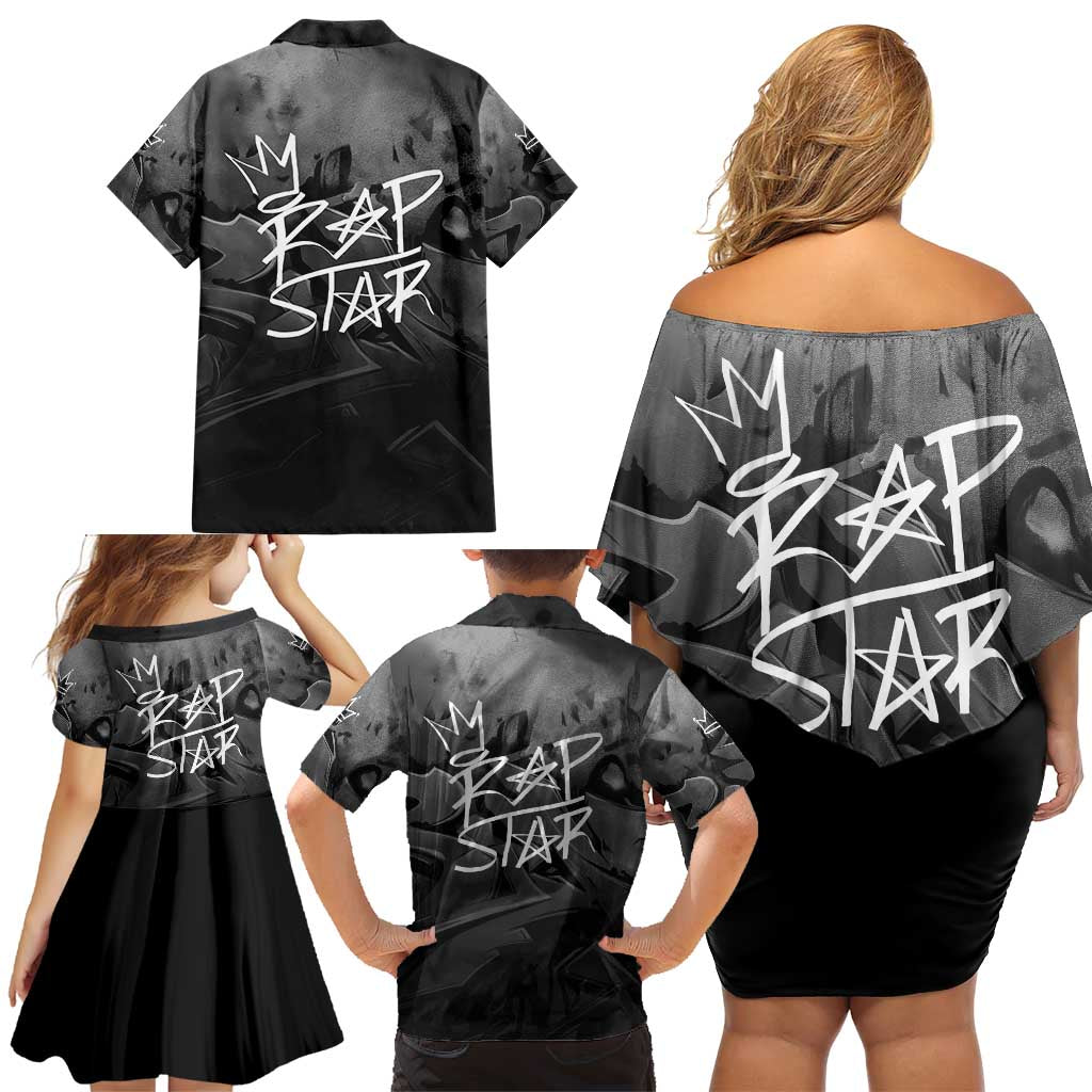 Rap Star Streetwear Family Matching Off Shoulder Short Dress and Hawaiian Shirt with Graffiti Lettering and Hip Hop - Wonder Print Shop