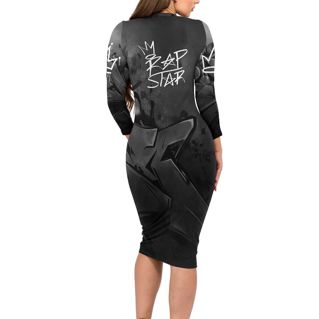 Rap Star Streetwear Long Sleeve Bodycon Dress with Graffiti Lettering and Hip Hop - Wonder Print Shop