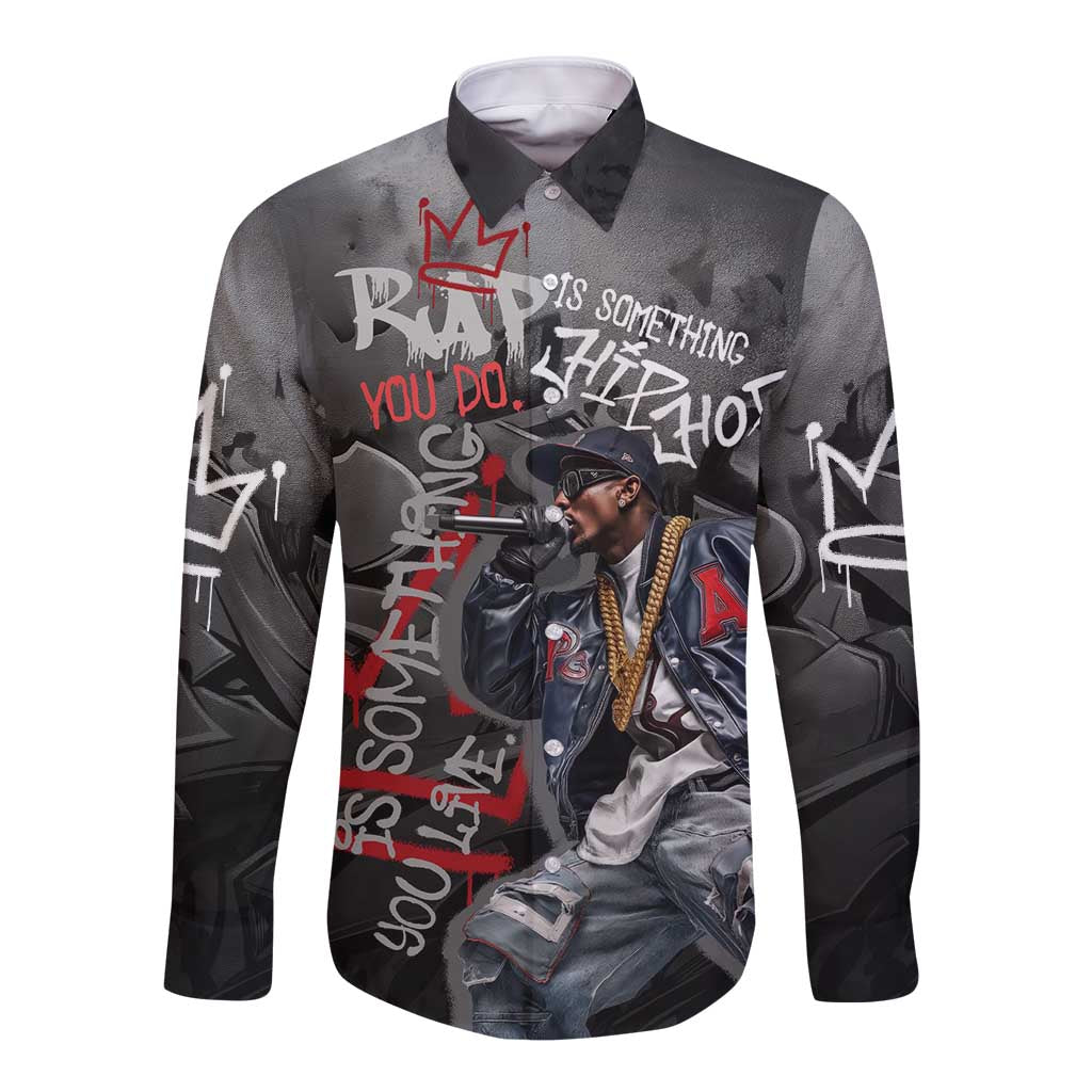Rap Star Streetwear Long Sleeve Button Shirt with Graffiti Lettering and Hip Hop - Wonder Print Shop