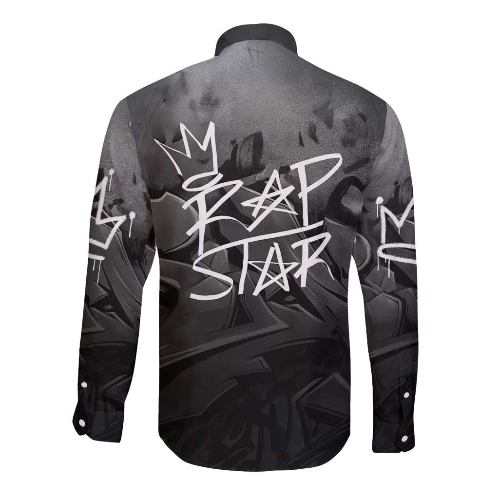 Rap Star Streetwear Long Sleeve Button Shirt with Graffiti Lettering and Hip Hop - Wonder Print Shop