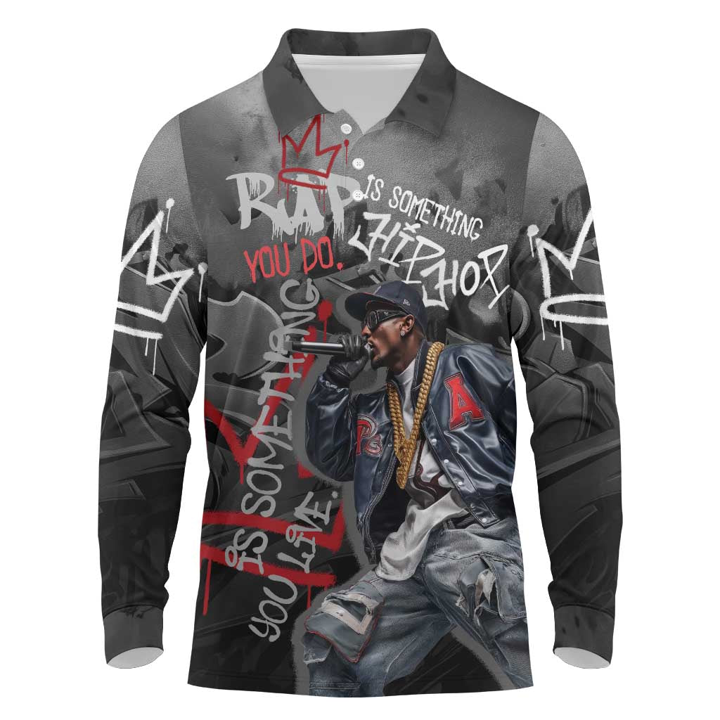 Rap Star Streetwear Long Sleeve Polo Shirt with Graffiti Lettering and Hip Hop - Wonder Print Shop