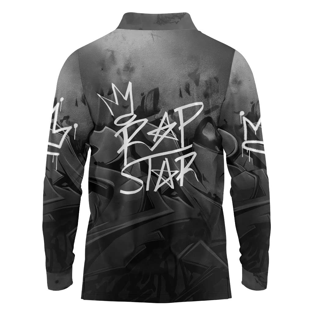 Rap Star Streetwear Long Sleeve Polo Shirt with Graffiti Lettering and Hip Hop - Wonder Print Shop