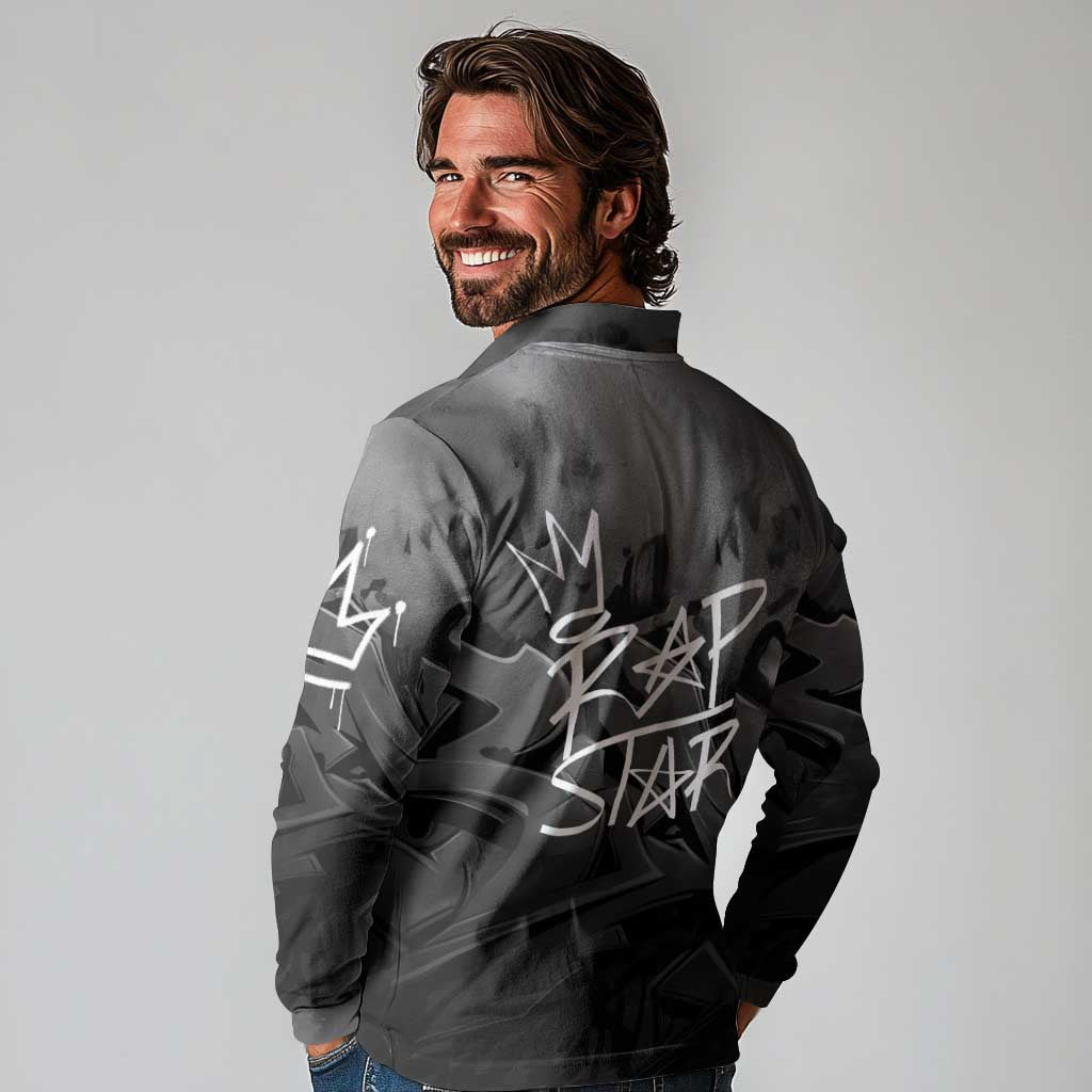 Rap Star Streetwear Long Sleeve Polo Shirt with Graffiti Lettering and Hip Hop - Wonder Print Shop