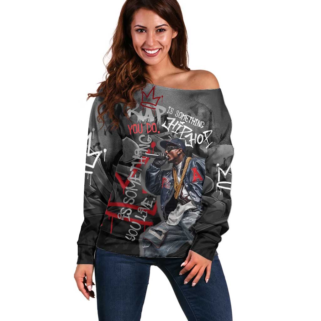 Rap Star Streetwear Off Shoulder Sweater with Graffiti Lettering and Hip Hop - Wonder Print Shop