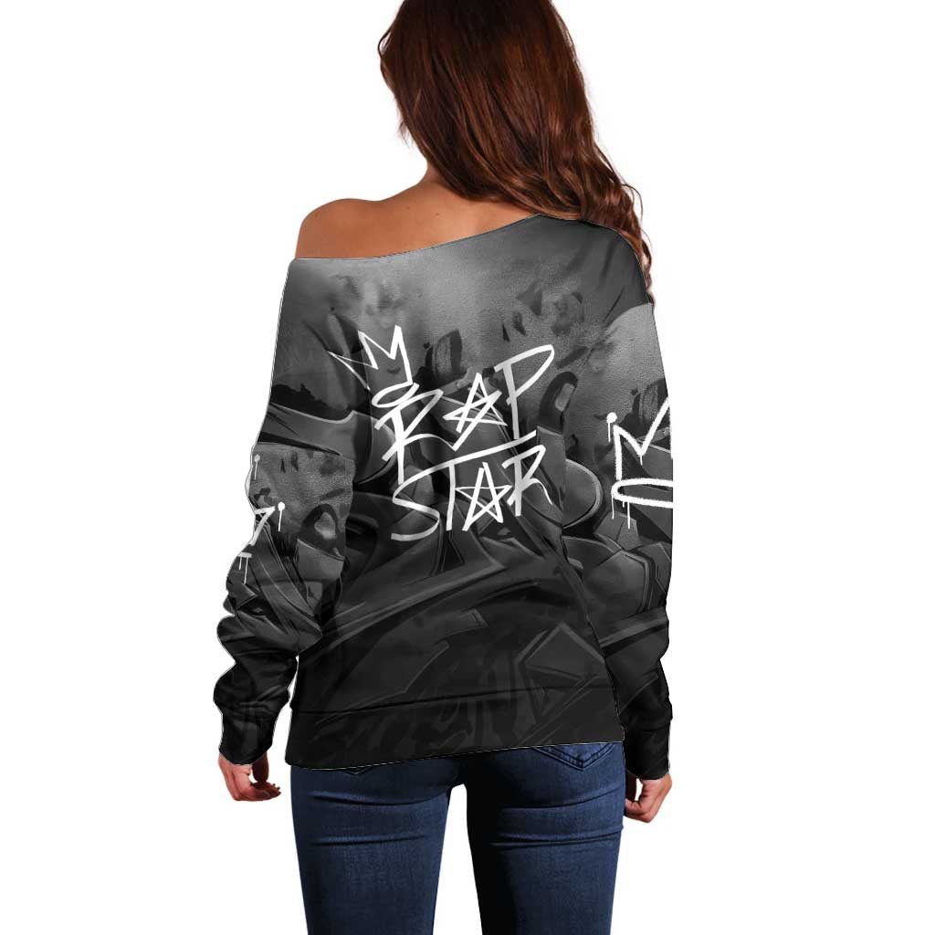 Rap Star Streetwear Off Shoulder Sweater with Graffiti Lettering and Hip Hop - Wonder Print Shop