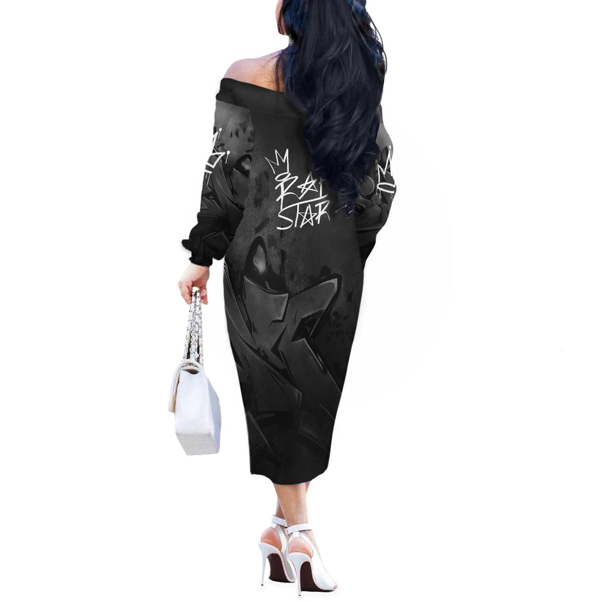 Rap Star Streetwear Off The Shoulder Long Sleeve Dress with Graffiti Lettering and Hip Hop - Wonder Print Shop