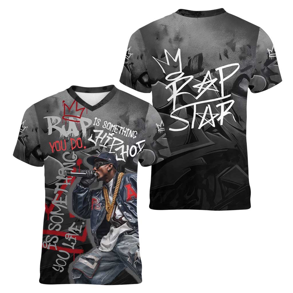 Rap Star Streetwear Women V-Neck T-Shirt with Graffiti Lettering and Hip Hop - Wonder Print Shop