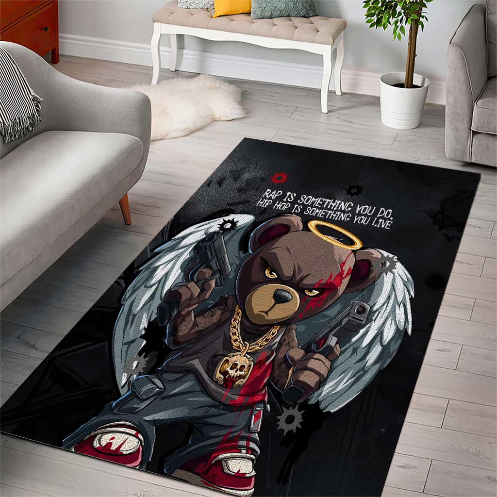 Hip Hop Streetwear Area Rug with Graffiti Boombox and Angel Bear Graphic in Urban Bullet Hole Design - Wonder Print Shop