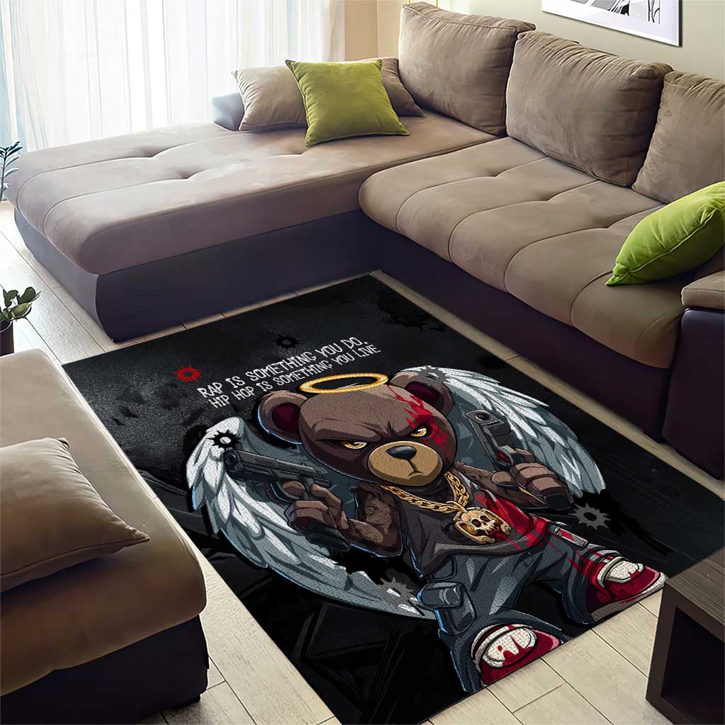 Hip Hop Streetwear Area Rug with Graffiti Boombox and Angel Bear Graphic in Urban Bullet Hole Design - Wonder Print Shop