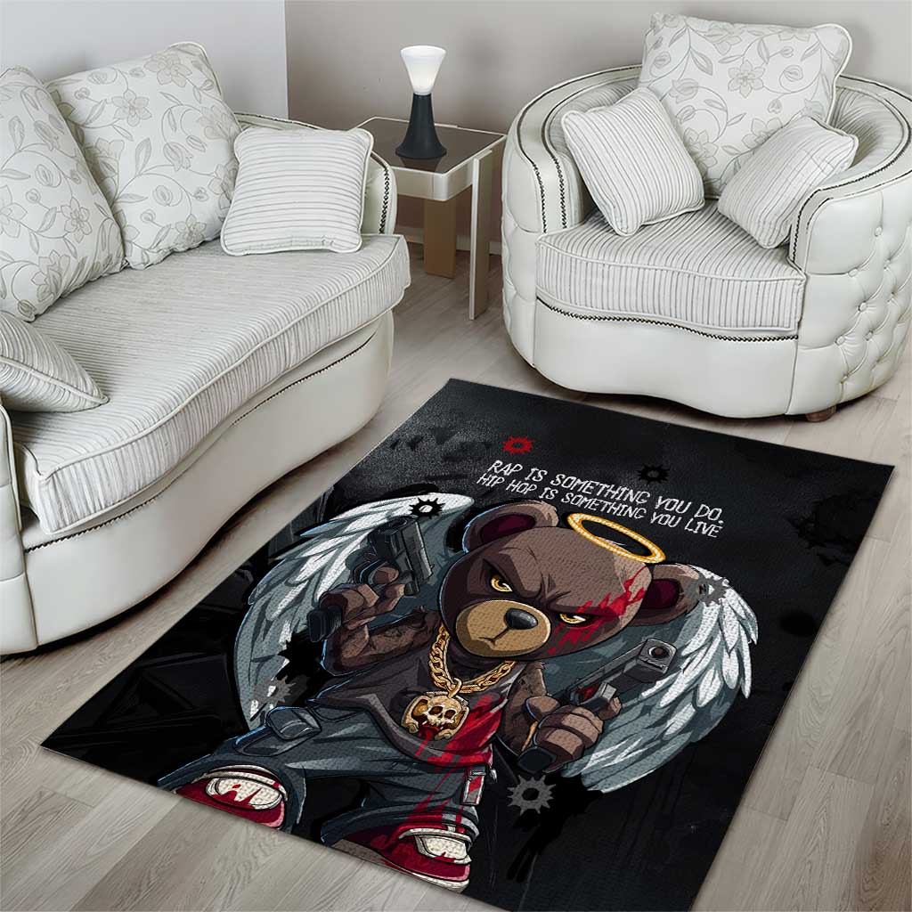 Hip Hop Streetwear Area Rug with Graffiti Boombox and Angel Bear Graphic in Urban Bullet Hole Design - Wonder Print Shop