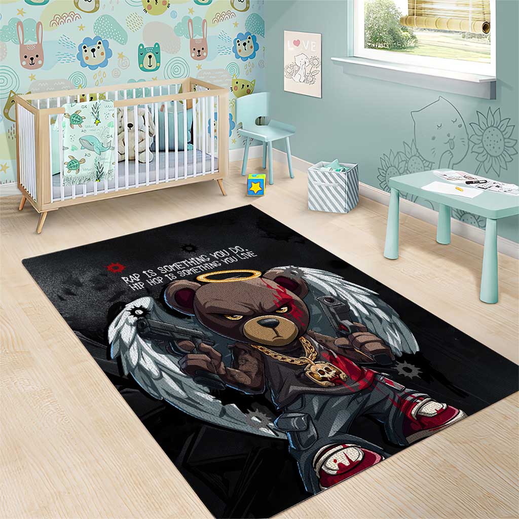 Hip Hop Streetwear Area Rug with Graffiti Boombox and Angel Bear Graphic in Urban Bullet Hole Design - Wonder Print Shop