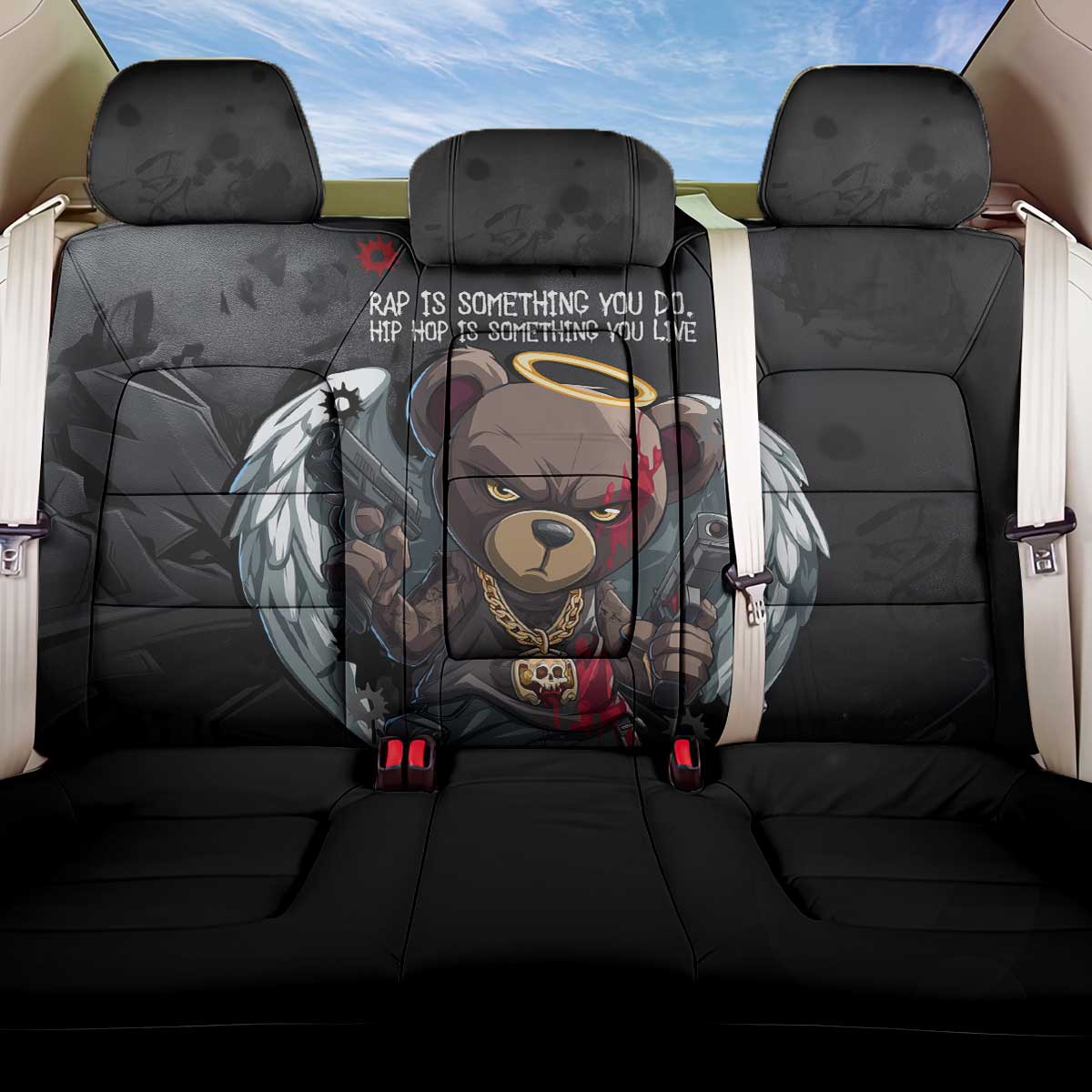 Hip Hop Streetwear Back Car Seat Cover with Graffiti Boombox and Angel Bear Graphic in Urban Bullet Hole Design - Wonder Print Shop