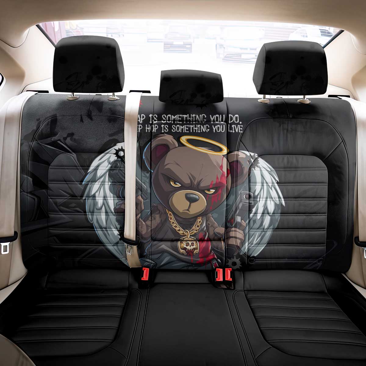 Hip Hop Streetwear Back Car Seat Cover with Graffiti Boombox and Angel Bear Graphic in Urban Bullet Hole Design - Wonder Print Shop