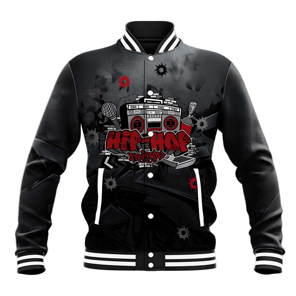 Hip Hop Streetwear Baseball Jacket with Graffiti Boombox and Angel Bear Graphic in Urban Bullet Hole Design - Wonder Print Shop