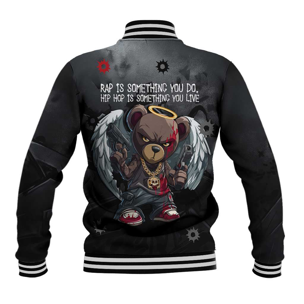Hip Hop Streetwear Baseball Jacket with Graffiti Boombox and Angel Bear Graphic in Urban Bullet Hole Design - Wonder Print Shop