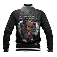 Hip Hop Streetwear Baseball Jacket with Graffiti Boombox and Angel Bear Graphic in Urban Bullet Hole Design - Wonder Print Shop