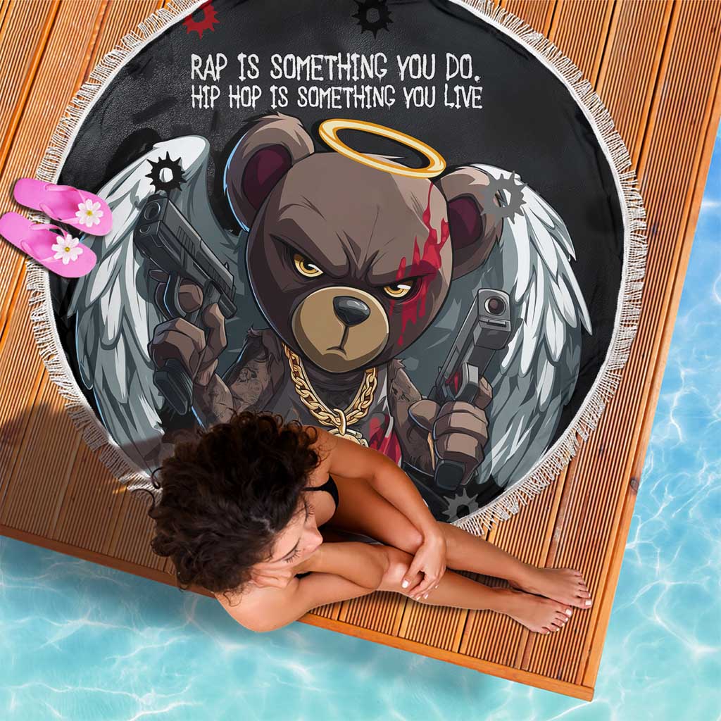 Hip Hop Streetwear Beach Blanket with Graffiti Boombox and Angel Bear Graphic in Urban Bullet Hole Design - Wonder Print Shop