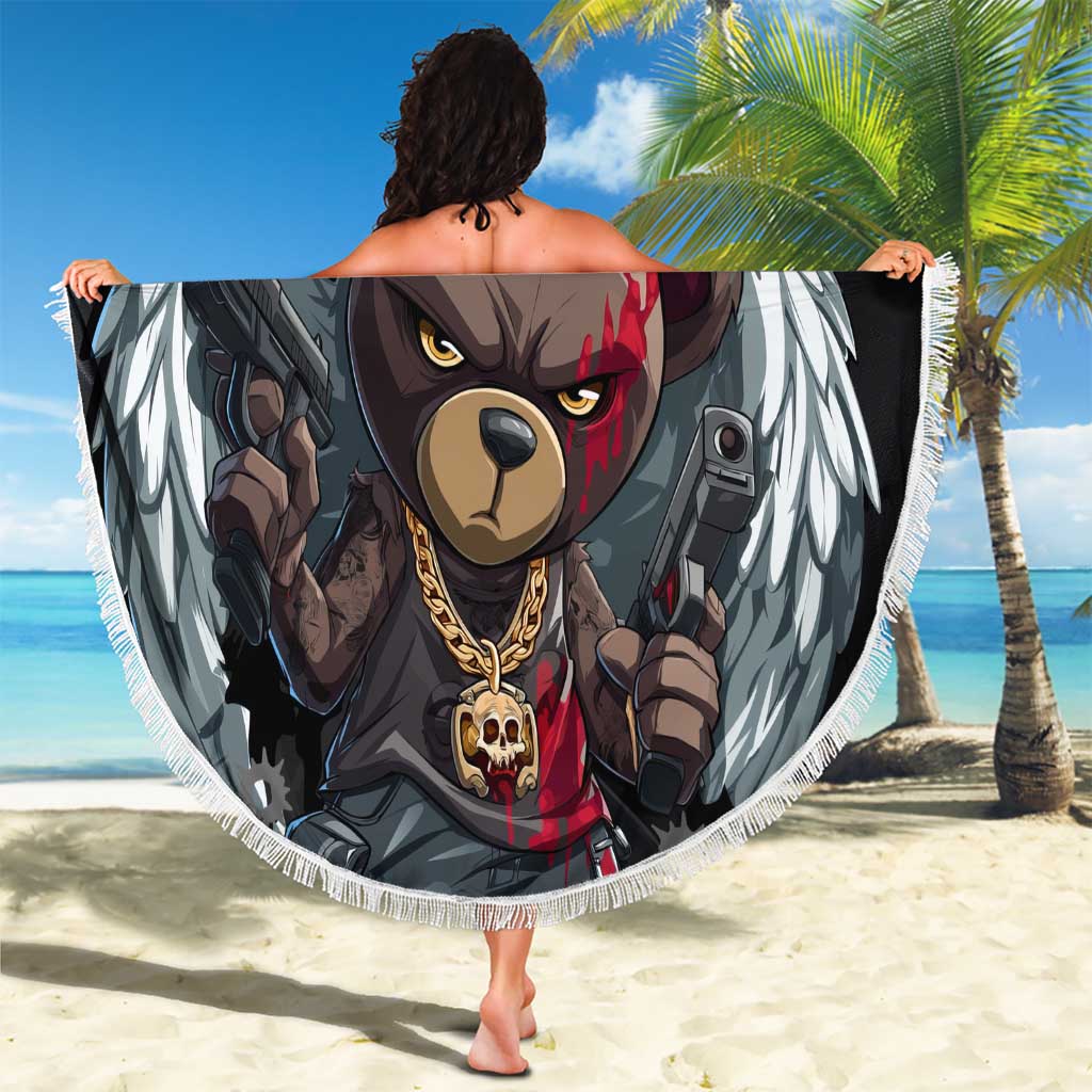 Hip Hop Streetwear Beach Blanket with Graffiti Boombox and Angel Bear Graphic in Urban Bullet Hole Design - Wonder Print Shop