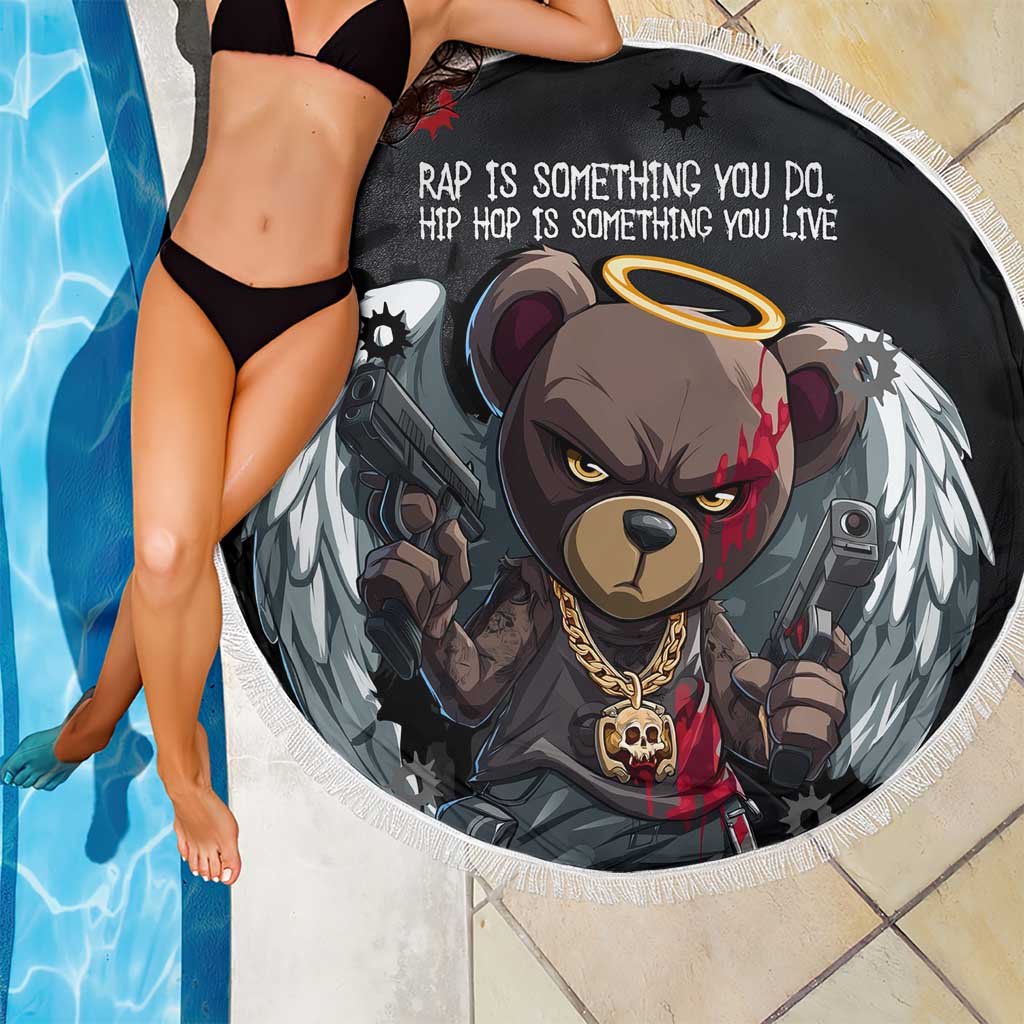 Hip Hop Streetwear Beach Blanket with Graffiti Boombox and Angel Bear Graphic in Urban Bullet Hole Design - Wonder Print Shop