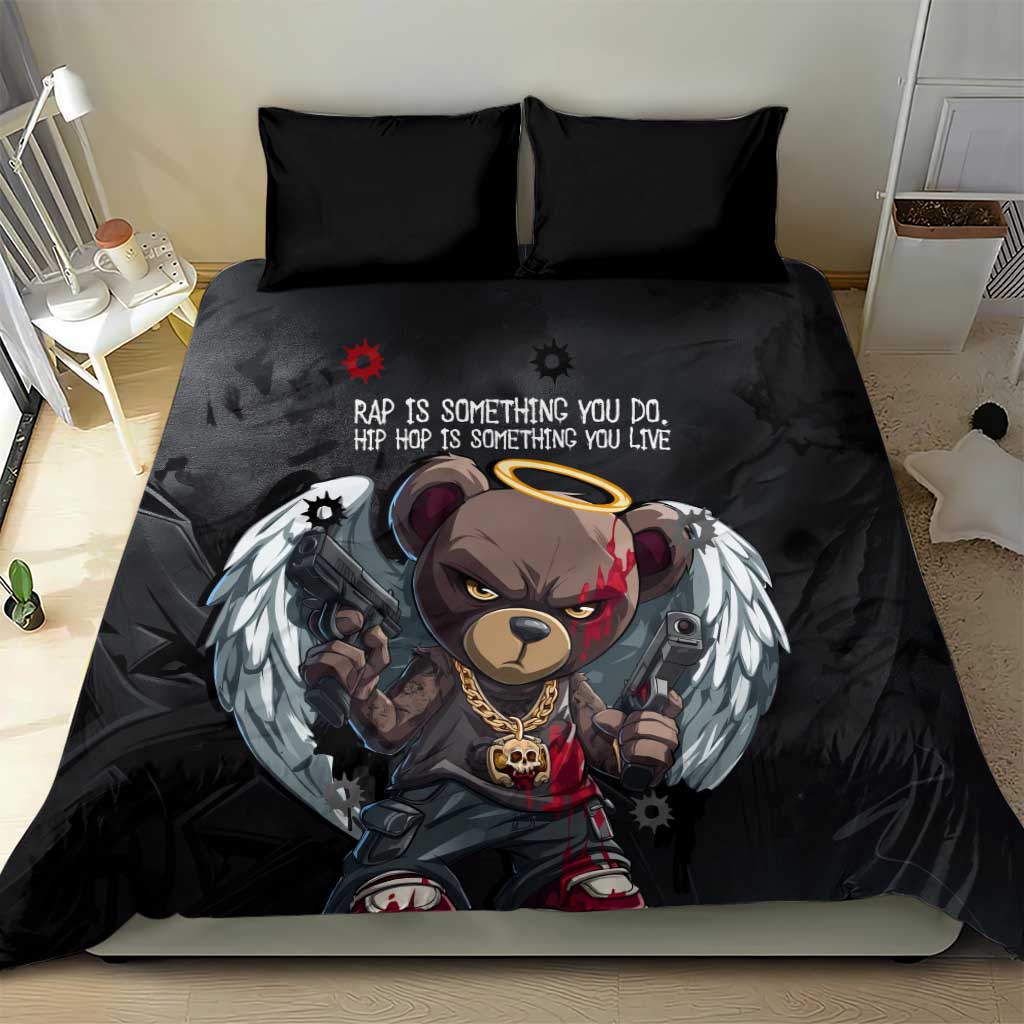 Hip Hop Streetwear Bedding Set with Graffiti Boombox and Angel Bear Graphic in Urban Bullet Hole Design - Wonder Print Shop