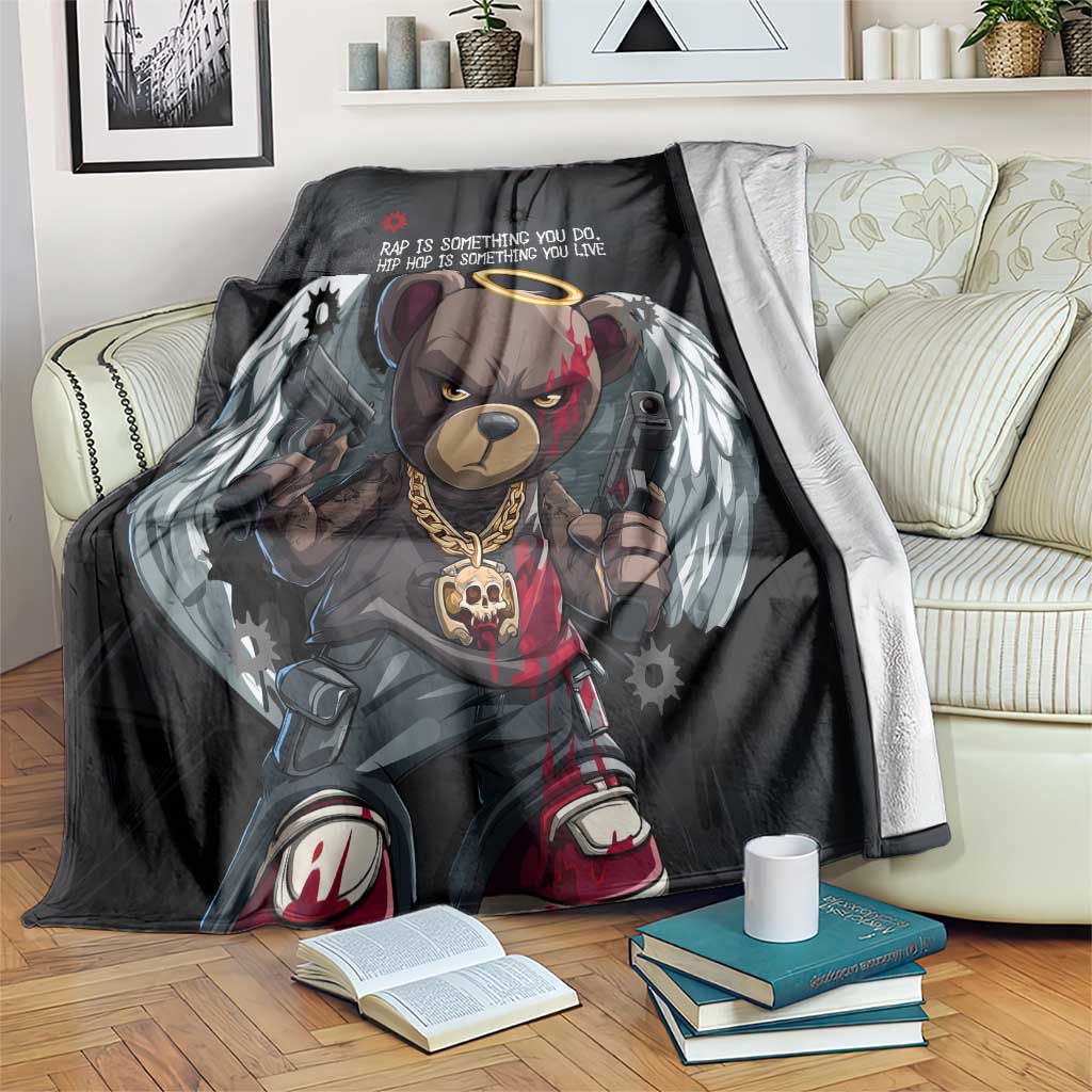 Hip Hop Streetwear Blanket with Graffiti Boombox and Angel Bear Graphic in Urban Bullet Hole Design - Wonder Print Shop