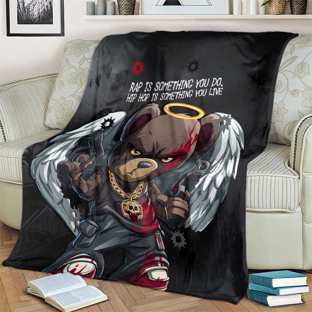 Hip Hop Streetwear Blanket with Graffiti Boombox and Angel Bear Graphic in Urban Bullet Hole Design - Wonder Print Shop