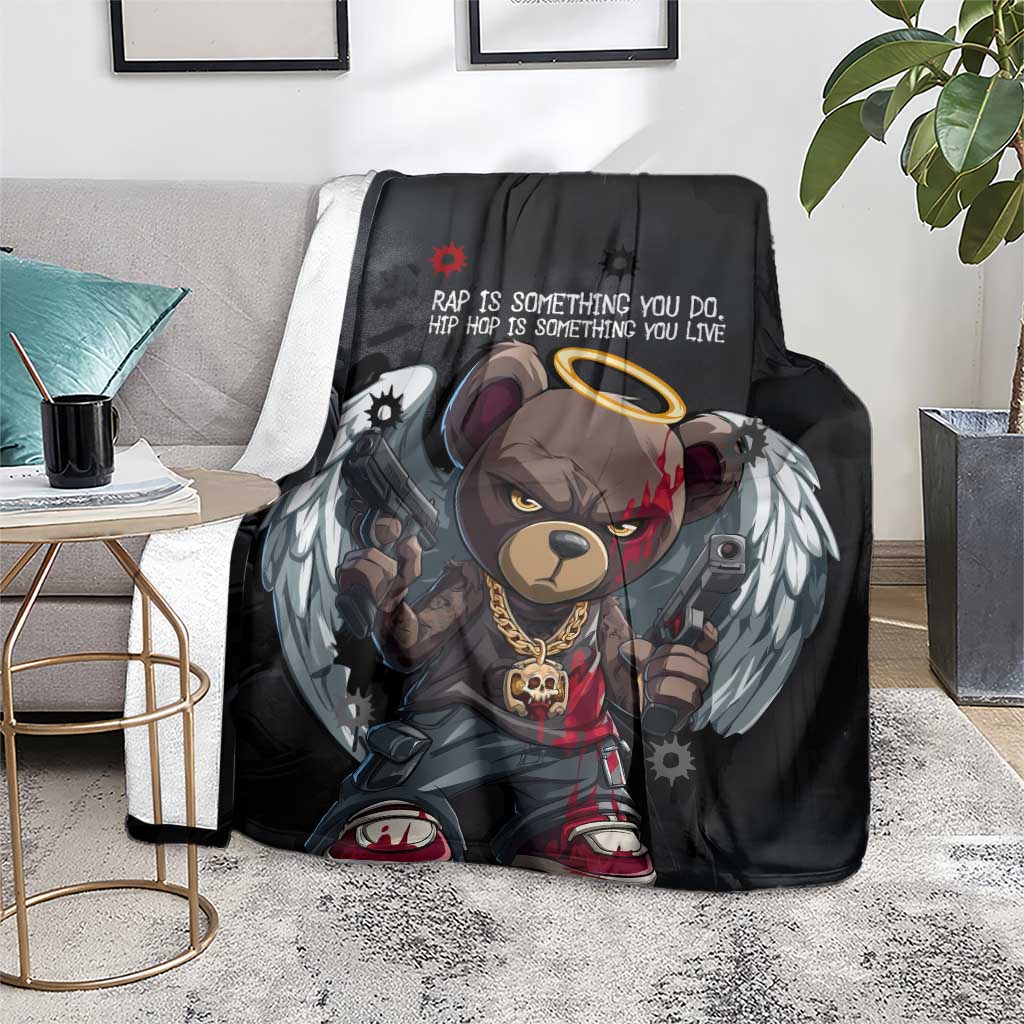 Hip Hop Streetwear Blanket with Graffiti Boombox and Angel Bear Graphic in Urban Bullet Hole Design - Wonder Print Shop