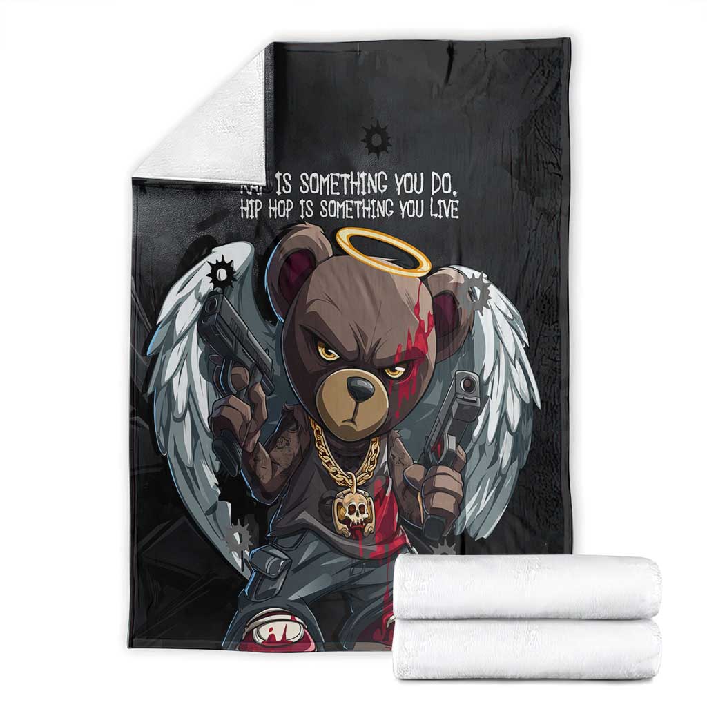 Hip Hop Streetwear Blanket with Graffiti Boombox and Angel Bear Graphic in Urban Bullet Hole Design - Wonder Print Shop