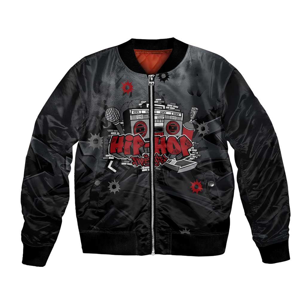 Hip Hop Streetwear Bomber Jacket with Graffiti Boombox and Angel Bear Graphic in Urban Bullet Hole Design - Wonder Print Shop
