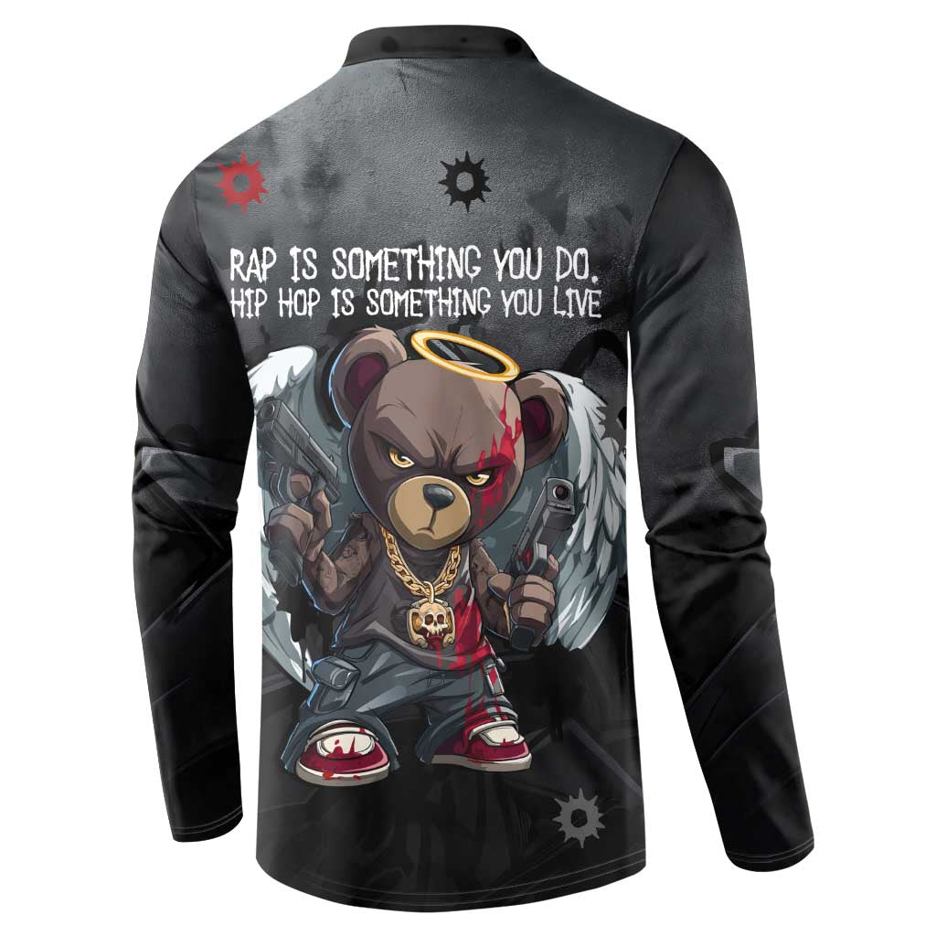 Hip Hop Streetwear Button Sweatshirt with Graffiti Boombox and Angel Bear Graphic in Urban Bullet Hole Design - Wonder Print Shop