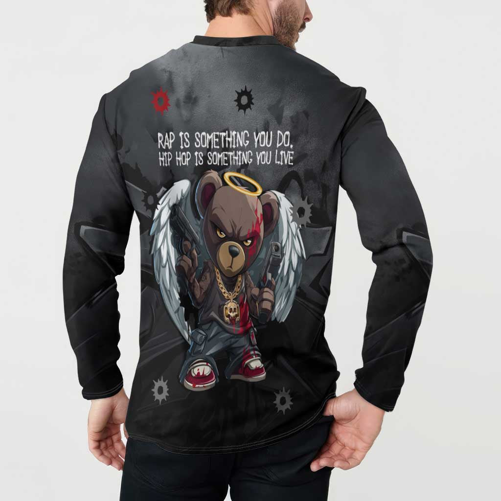 Hip Hop Streetwear Button Sweatshirt with Graffiti Boombox and Angel Bear Graphic in Urban Bullet Hole Design - Wonder Print Shop