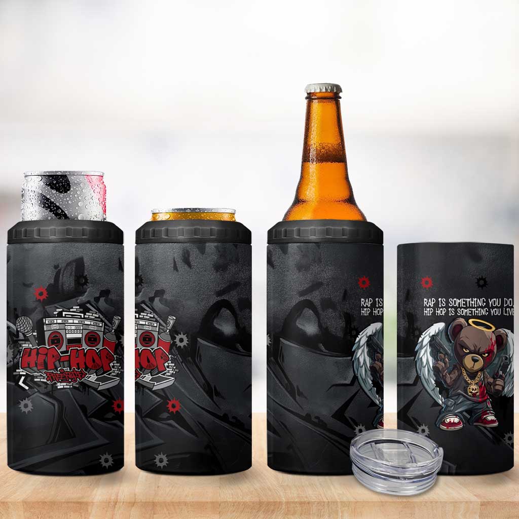 Hip Hop Streetwear 4 in 1 Can Cooler Tumbler with Graffiti Boombox and Angel Bear Graphic in Urban Bullet Hole Design - Wonder Print Shop