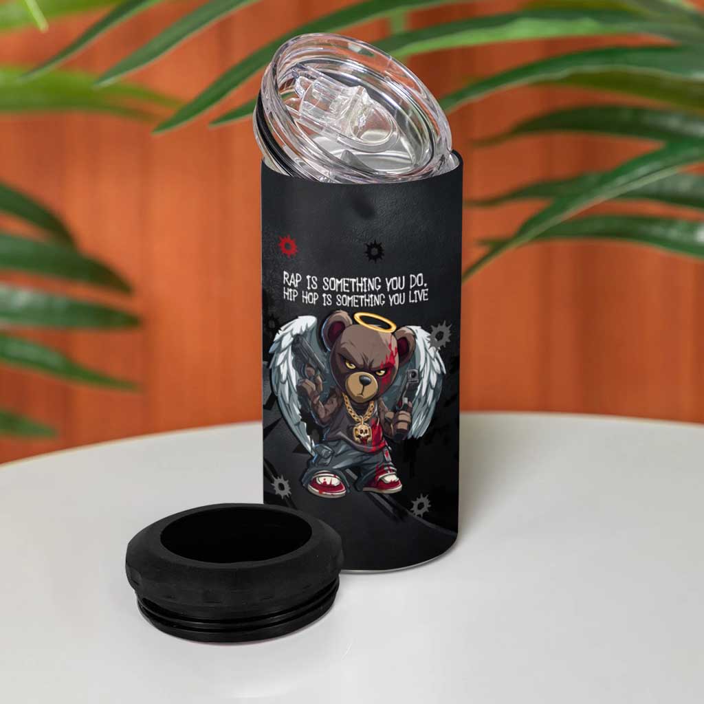Hip Hop Streetwear 4 in 1 Can Cooler Tumbler with Graffiti Boombox and Angel Bear Graphic in Urban Bullet Hole Design - Wonder Print Shop