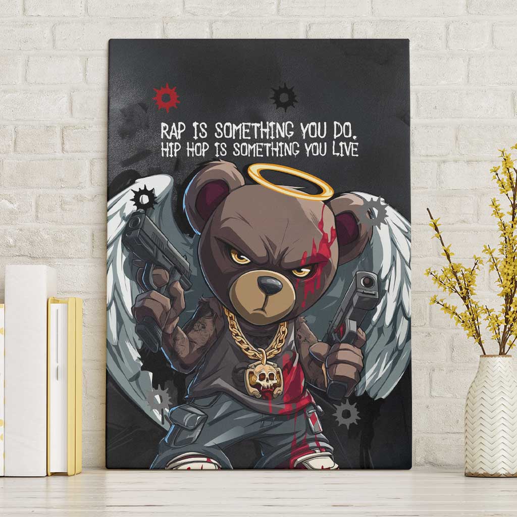 Hip Hop Streetwear Canvas Wall Art with Graffiti Boombox and Angel Bear Graphic in Urban Bullet Hole Design - Wonder Print Shop