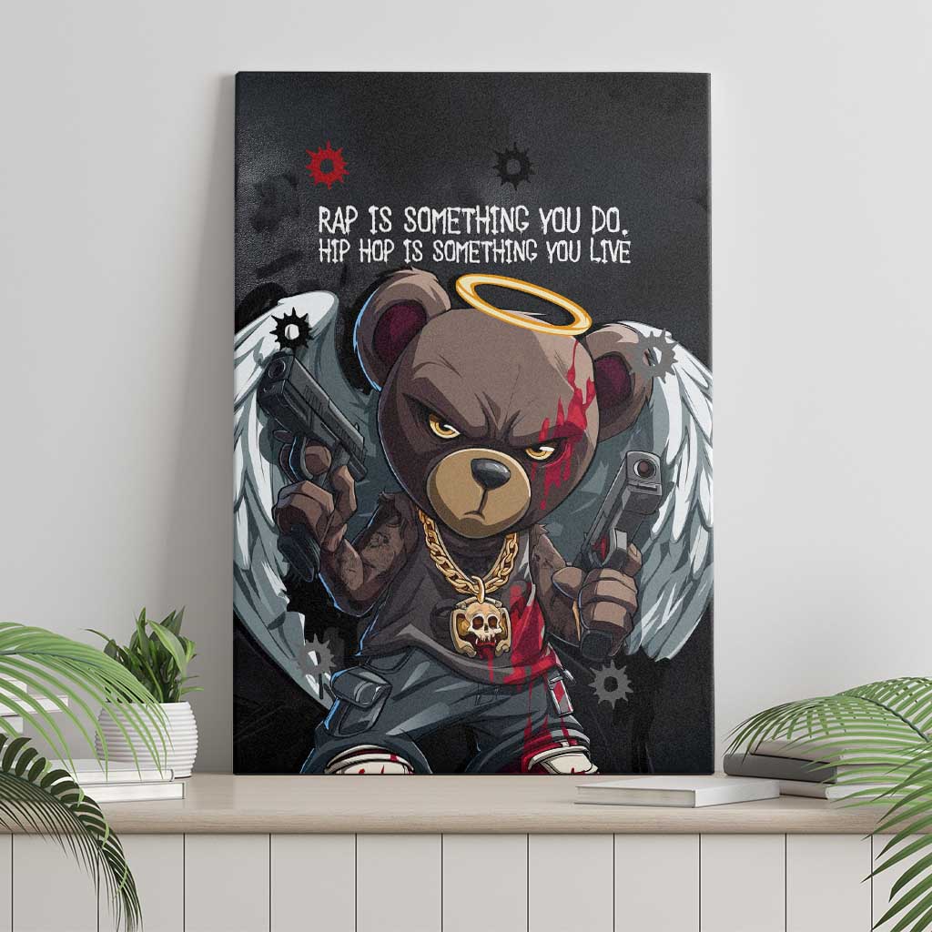 Hip Hop Streetwear Canvas Wall Art with Graffiti Boombox and Angel Bear Graphic in Urban Bullet Hole Design - Wonder Print Shop