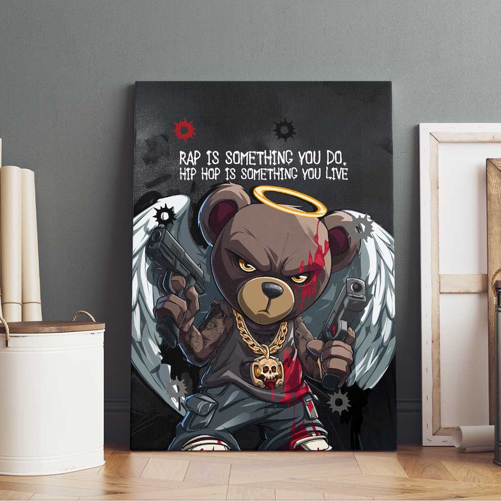 Hip Hop Streetwear Canvas Wall Art with Graffiti Boombox and Angel Bear Graphic in Urban Bullet Hole Design - Wonder Print Shop