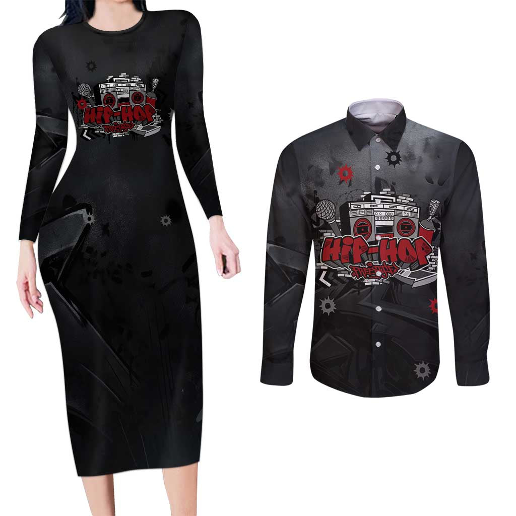 Hip Hop Streetwear Couples Matching Long Sleeve Bodycon Dress and Long Sleeve Button Shirt with Graffiti Boombox and Angel Bear Graphic in Urban Bullet Hole Design - Wonder Print Shop