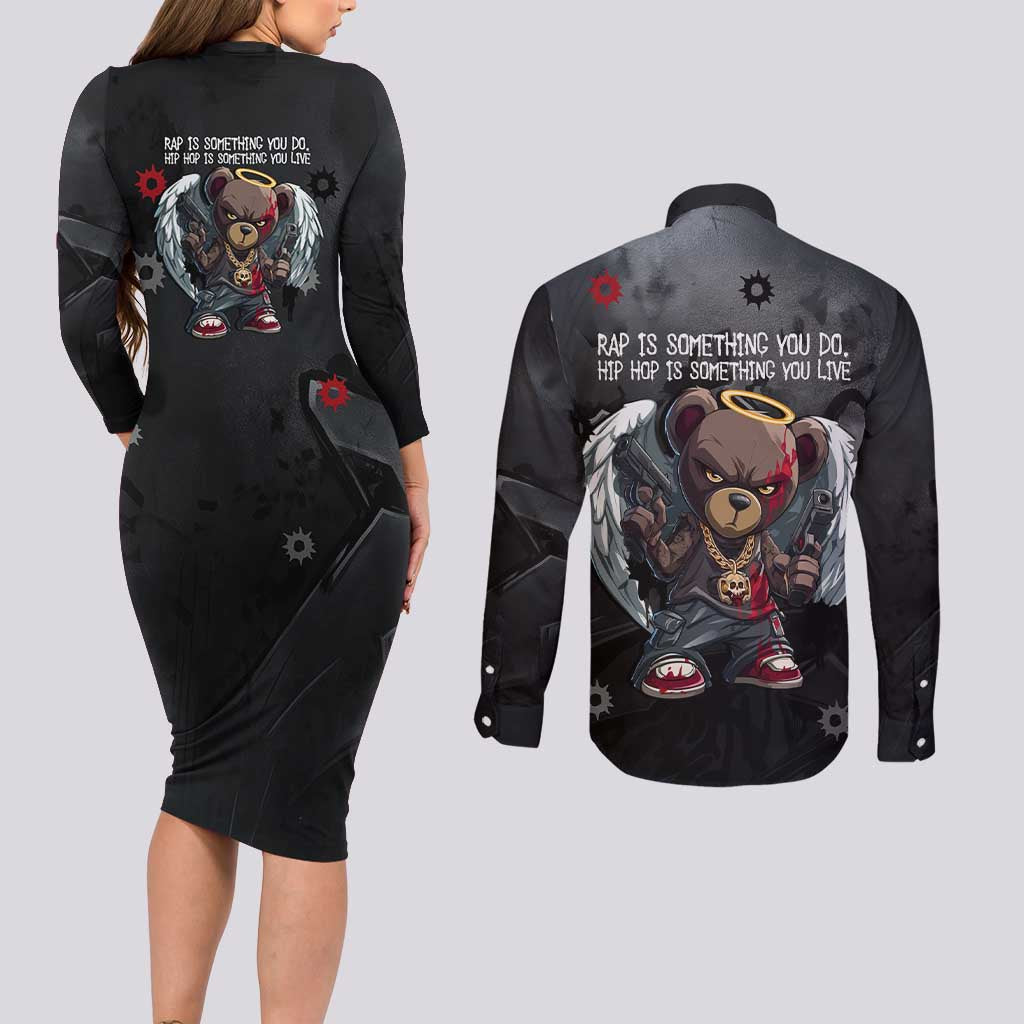 Hip Hop Streetwear Couples Matching Long Sleeve Bodycon Dress and Long Sleeve Button Shirt with Graffiti Boombox and Angel Bear Graphic in Urban Bullet Hole Design - Wonder Print Shop