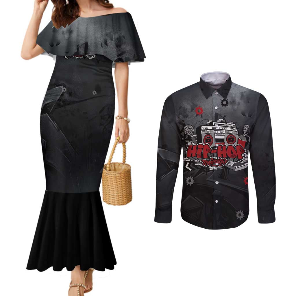 Hip Hop Streetwear Couples Matching Mermaid Dress and Long Sleeve Button Shirt with Graffiti Boombox and Angel Bear Graphic in Urban Bullet Hole Design - Wonder Print Shop