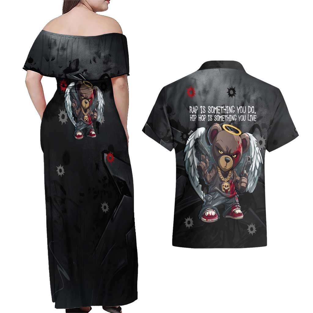 Hip Hop Streetwear Couples Matching Off Shoulder Maxi Dress and Hawaiian Shirt with Graffiti Boombox and Angel Bear Graphic in Urban Bullet Hole Design - Wonder Print Shop