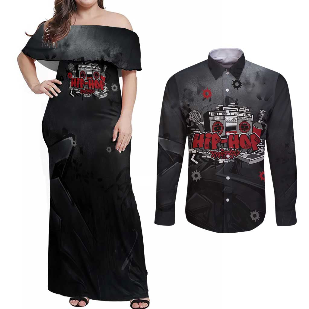 Hip Hop Streetwear Couples Matching Off Shoulder Maxi Dress and Long Sleeve Button Shirt with Graffiti Boombox and Angel Bear Graphic in Urban Bullet Hole Design - Wonder Print Shop