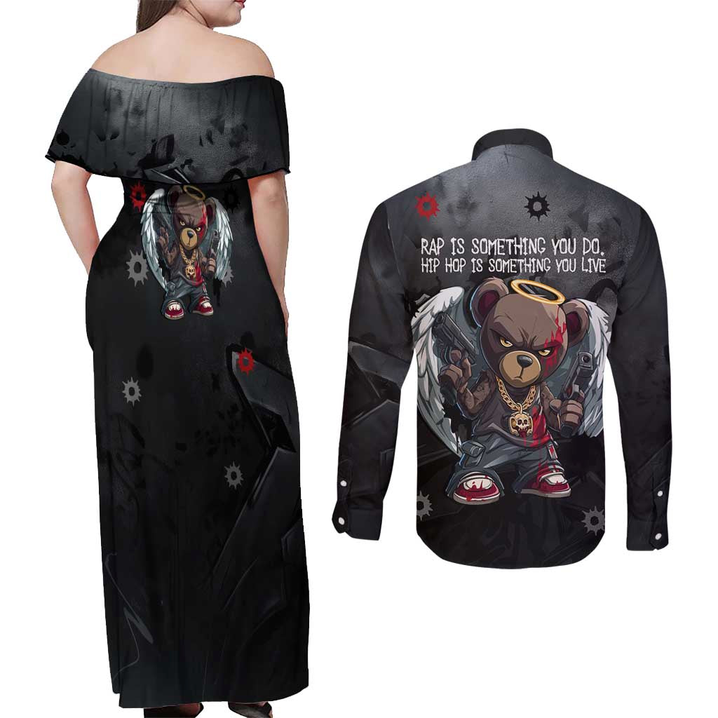 Hip Hop Streetwear Couples Matching Off Shoulder Maxi Dress and Long Sleeve Button Shirt with Graffiti Boombox and Angel Bear Graphic in Urban Bullet Hole Design - Wonder Print Shop