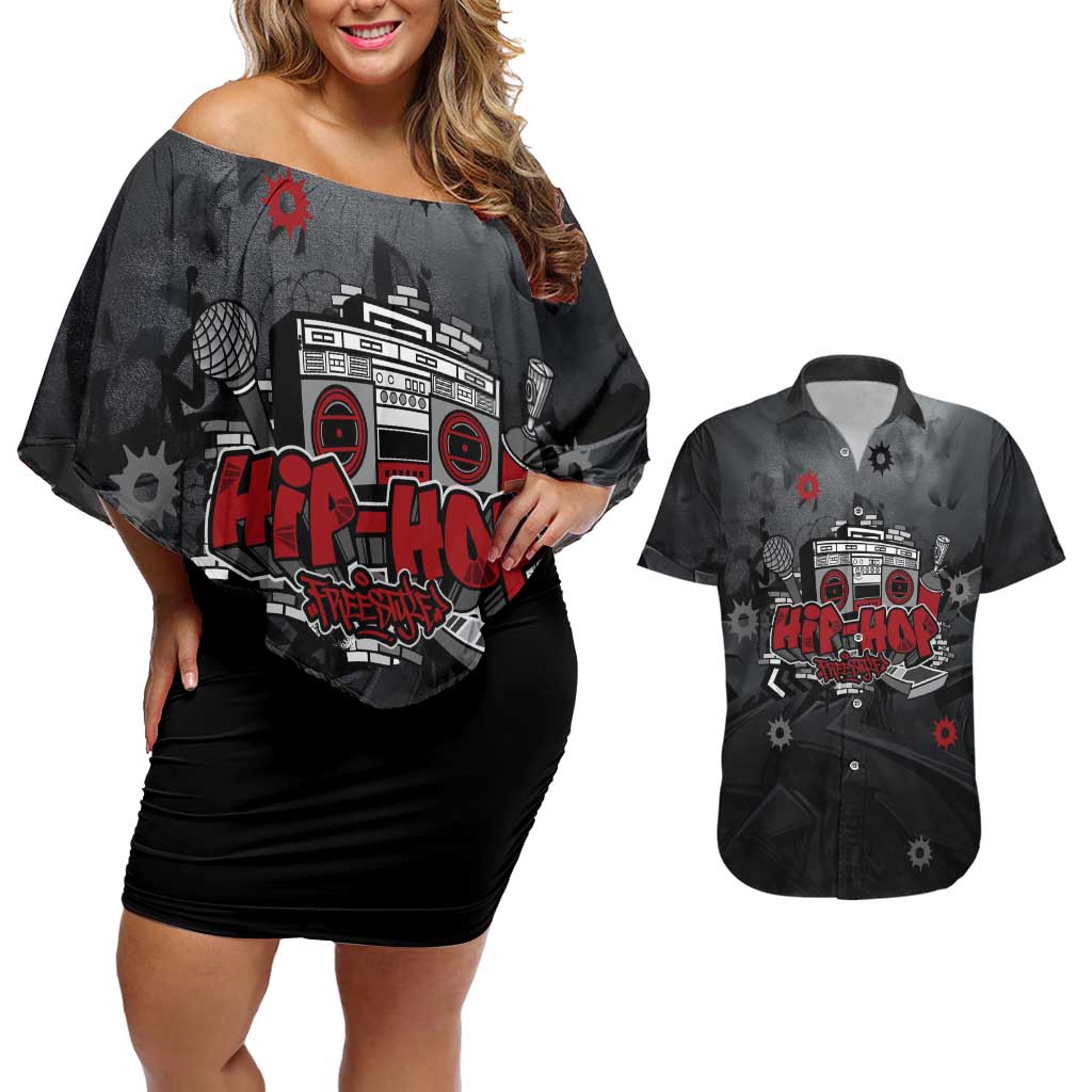 Hip Hop Streetwear Couples Matching Off Shoulder Short Dress and Hawaiian Shirt with Graffiti Boombox and Angel Bear Graphic in Urban Bullet Hole Design - Wonder Print Shop