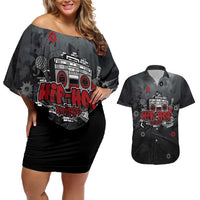 Hip Hop Streetwear Couples Matching Off Shoulder Short Dress and Hawaiian Shirt with Graffiti Boombox and Angel Bear Graphic in Urban Bullet Hole Design - Wonder Print Shop
