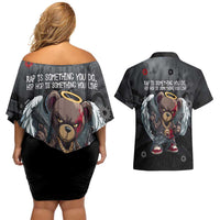 Hip Hop Streetwear Couples Matching Off Shoulder Short Dress and Hawaiian Shirt with Graffiti Boombox and Angel Bear Graphic in Urban Bullet Hole Design - Wonder Print Shop